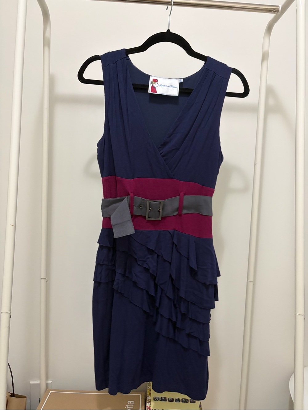 Vintage Twelve by Twelve Navy Ruffle Dress with Magenta Waist and Gray Belt